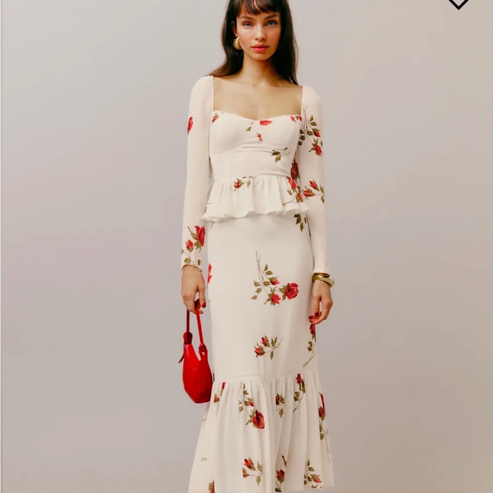 Reformation Cream Floral Long Sleeve Square Neck Maxi Dress